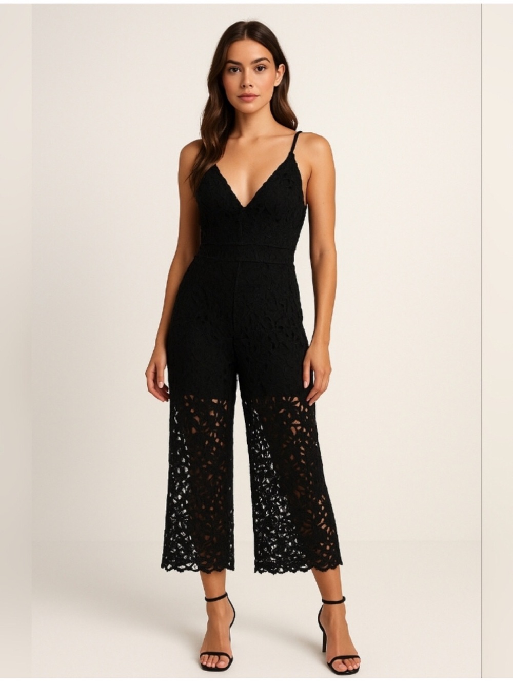 Hiso Hiso Black Lace V-Neck Cropped Jumpsuit Sz M